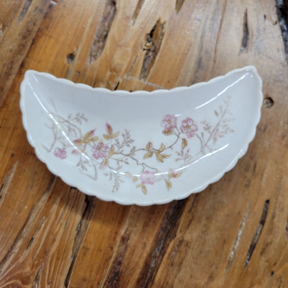 Antique Wheelock China Store Crescent Shape Bone Trinket Jewelry Dish Floral USA